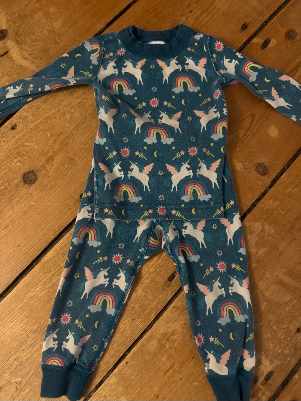 Hanna Andersson Teal Unicorn & Rainbow Pajama Organic Cotton Set